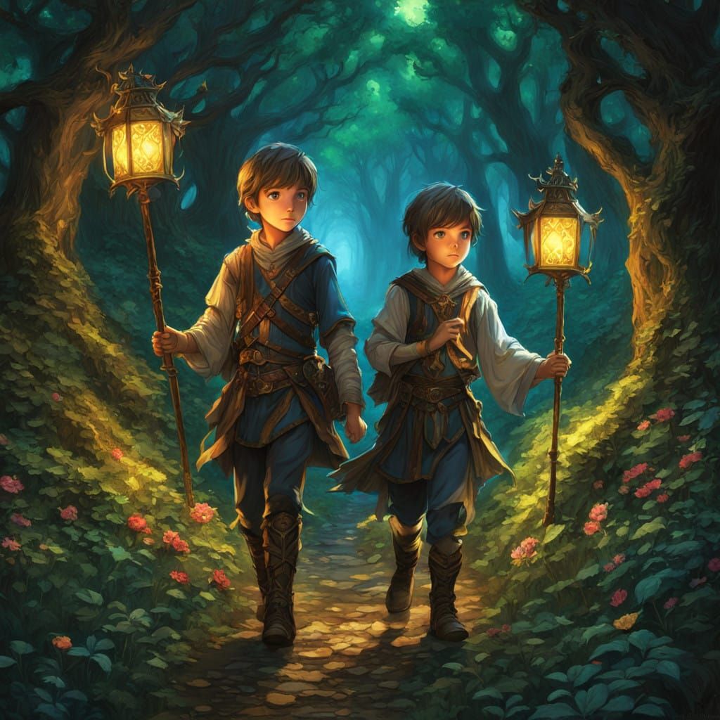 Medieval Fantasy Twins Navigate Dark Forest