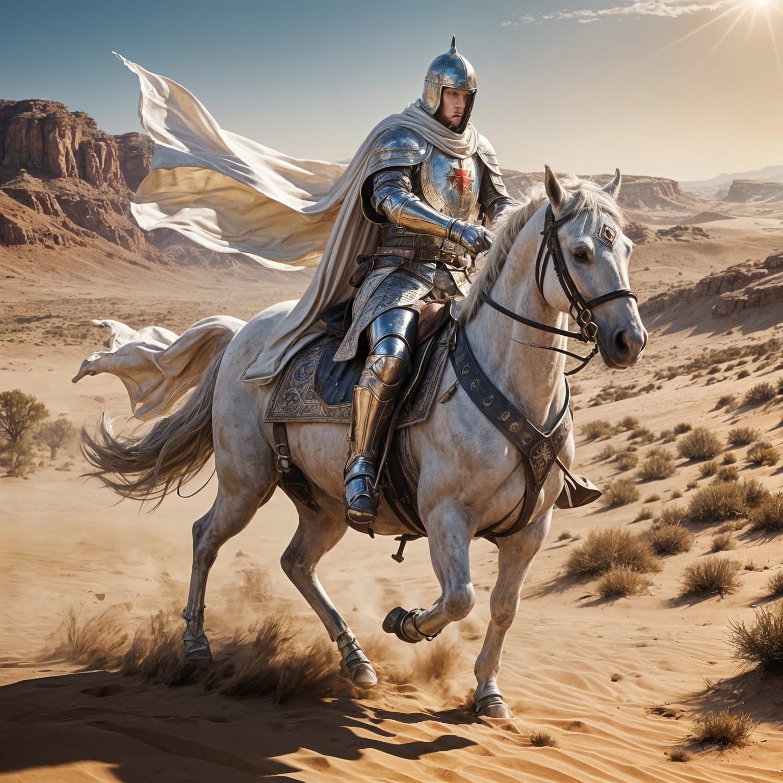 Knight Templar on White Horse Galloping Through Desert