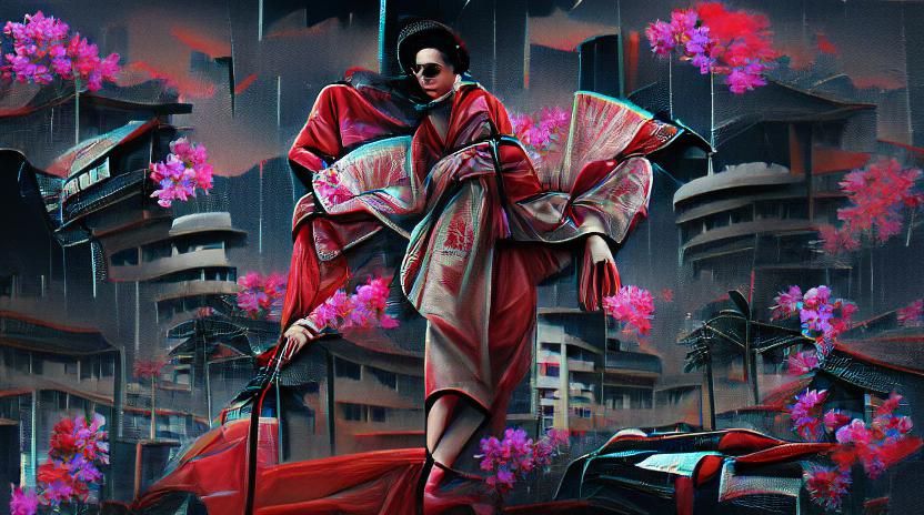 Geisha in Red Kimono: Retrowave Artstation Style