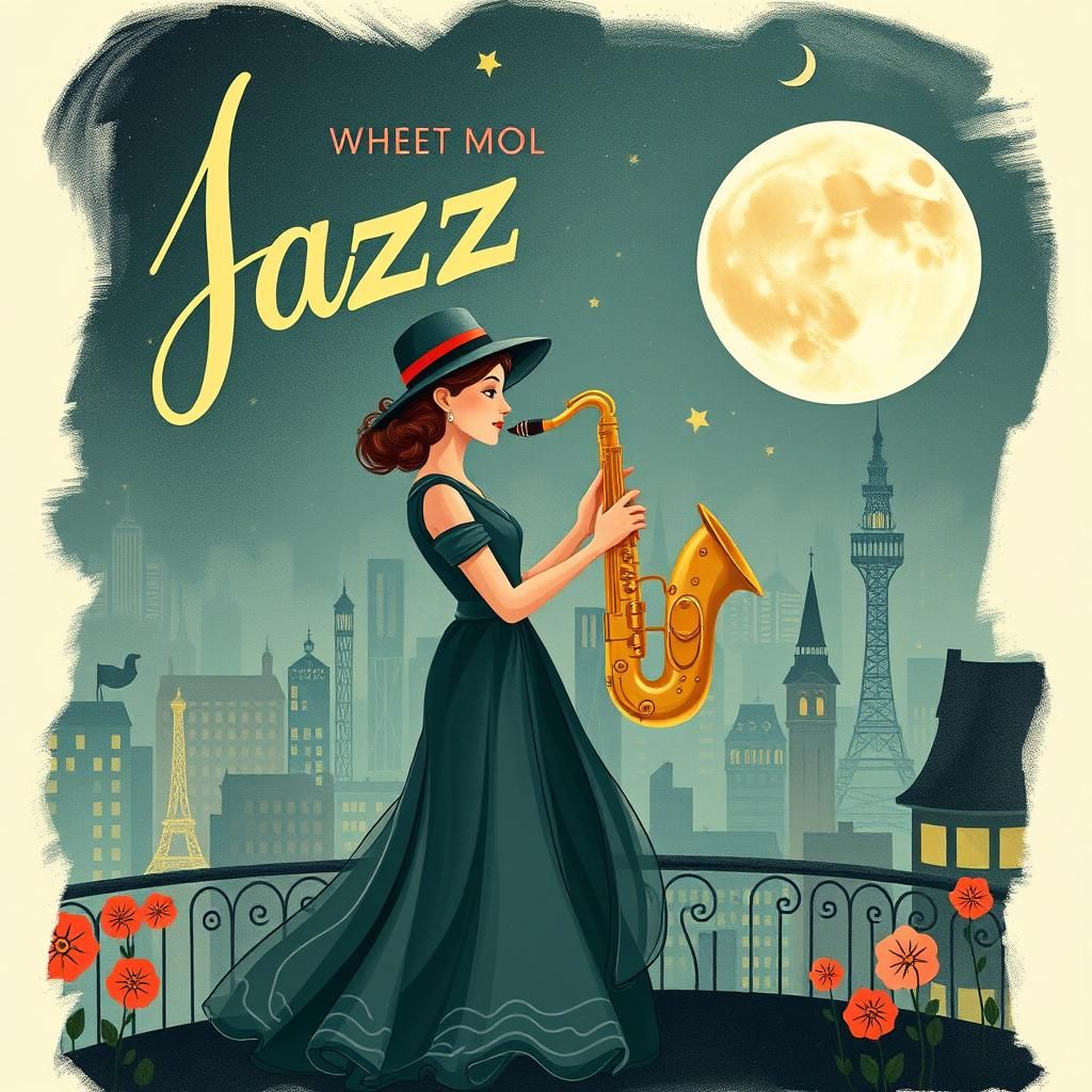 Vintage Jazz Album Cover with Surreal Cityscape