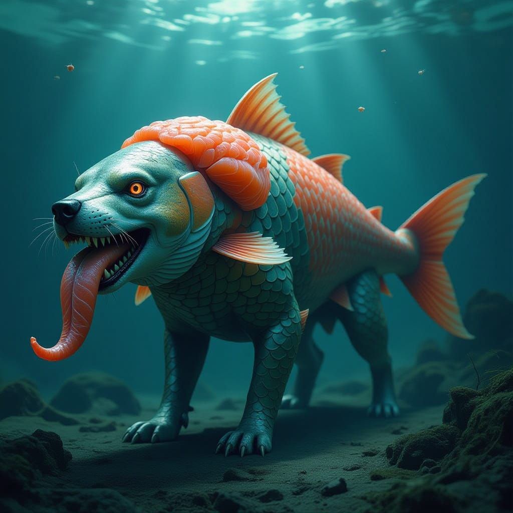 Bizarre Salmon Dog Hybrid with Sushi Brain in Ethereal Glow
