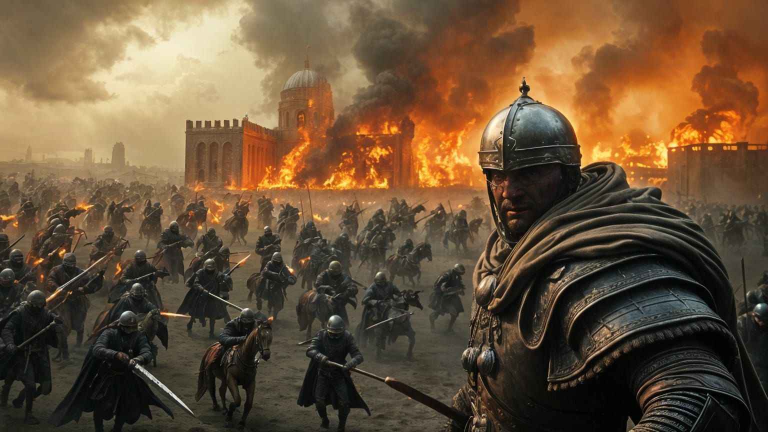 Saracen kingdom under siege, with Saracen warriors battling against a crusader army