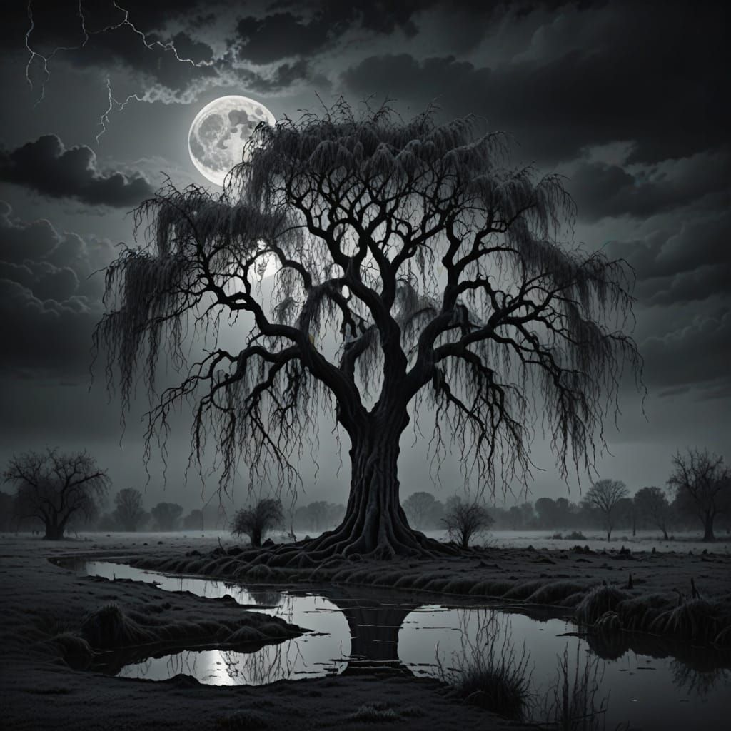 Gothic Weeping Willow Under Full Moon
