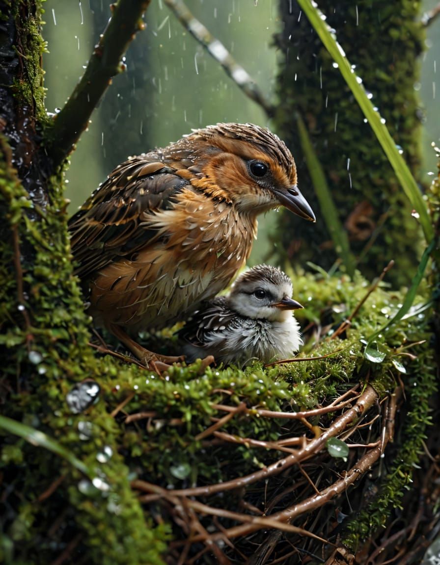 Hyper-Realistic Bird Protecting Chicks in Rainy Macro Photog...