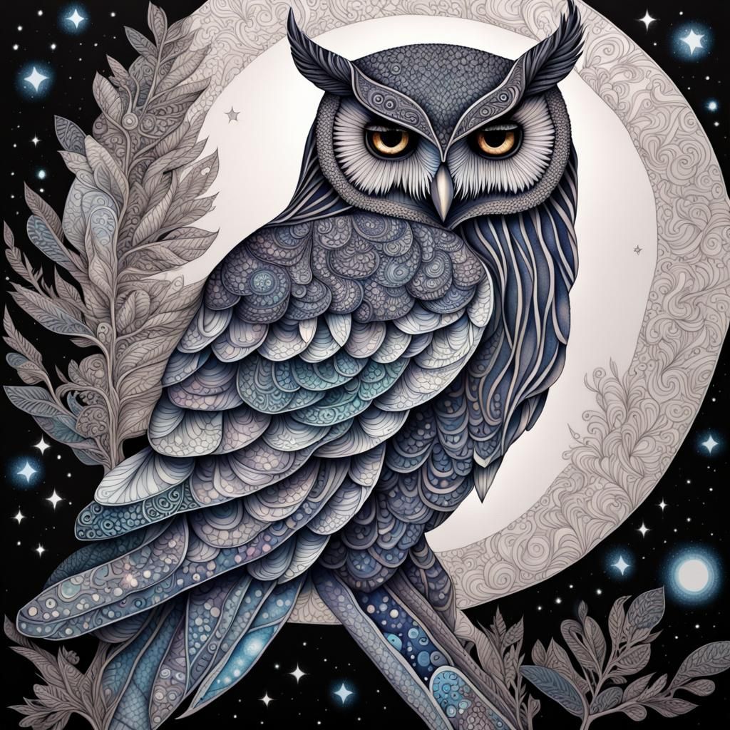 Zentangle Owl Under Moonlight