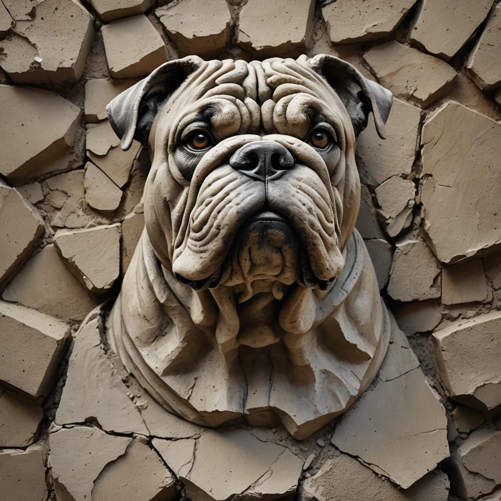 Hyper-Realistic Cement Bulldog Sculpture Portrait
