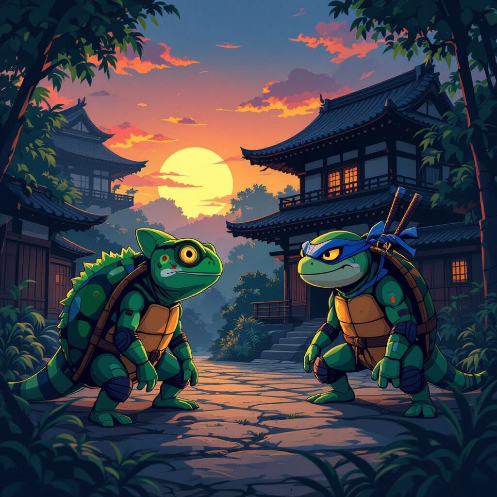 Ninja Chameleon Confronts Ancient Turtle at Dusk