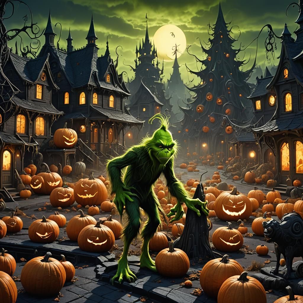Grinch Attacks Whos with Pumpkins in Halloween Town
