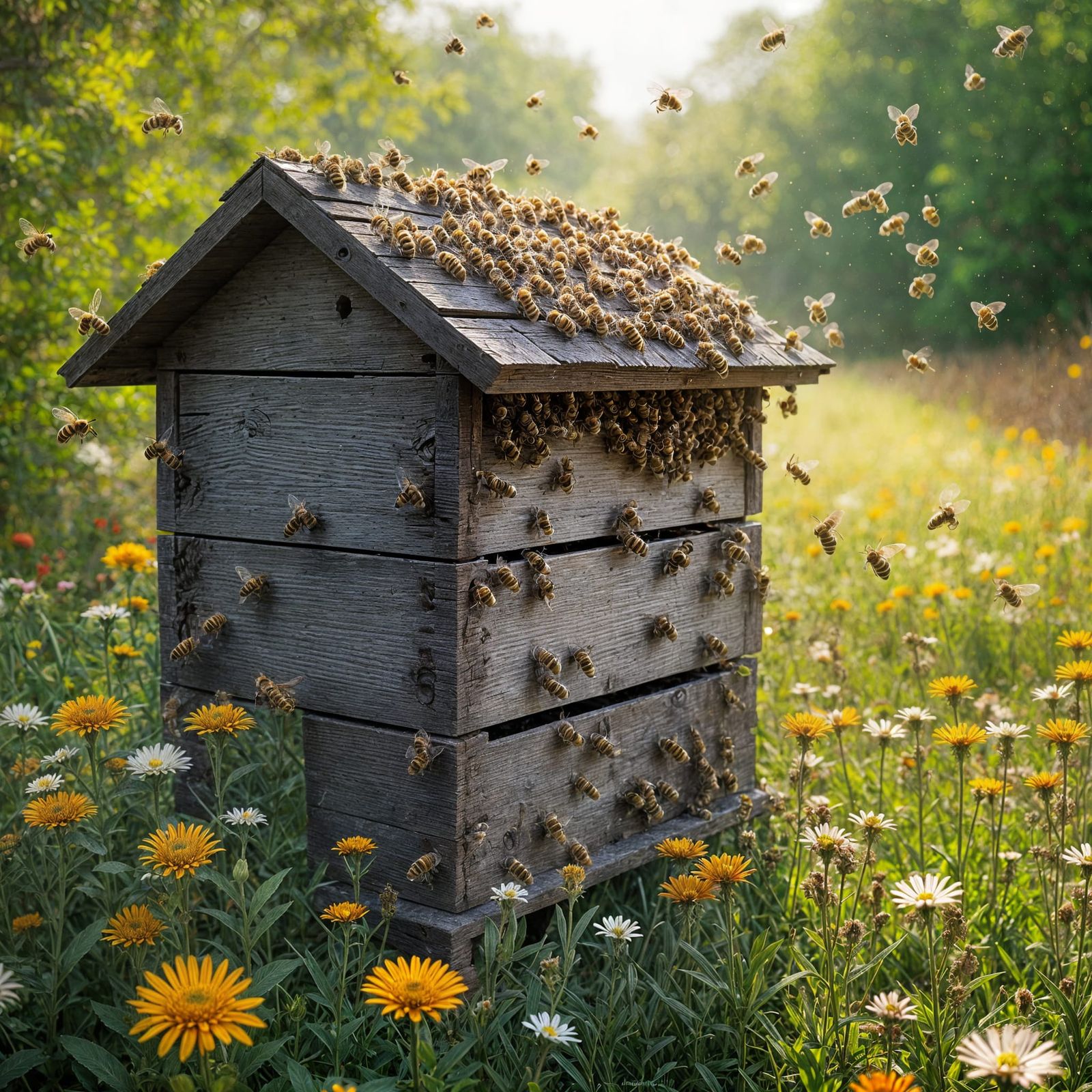 Vibrant Wooden Beehive Amidst Lush English Garden