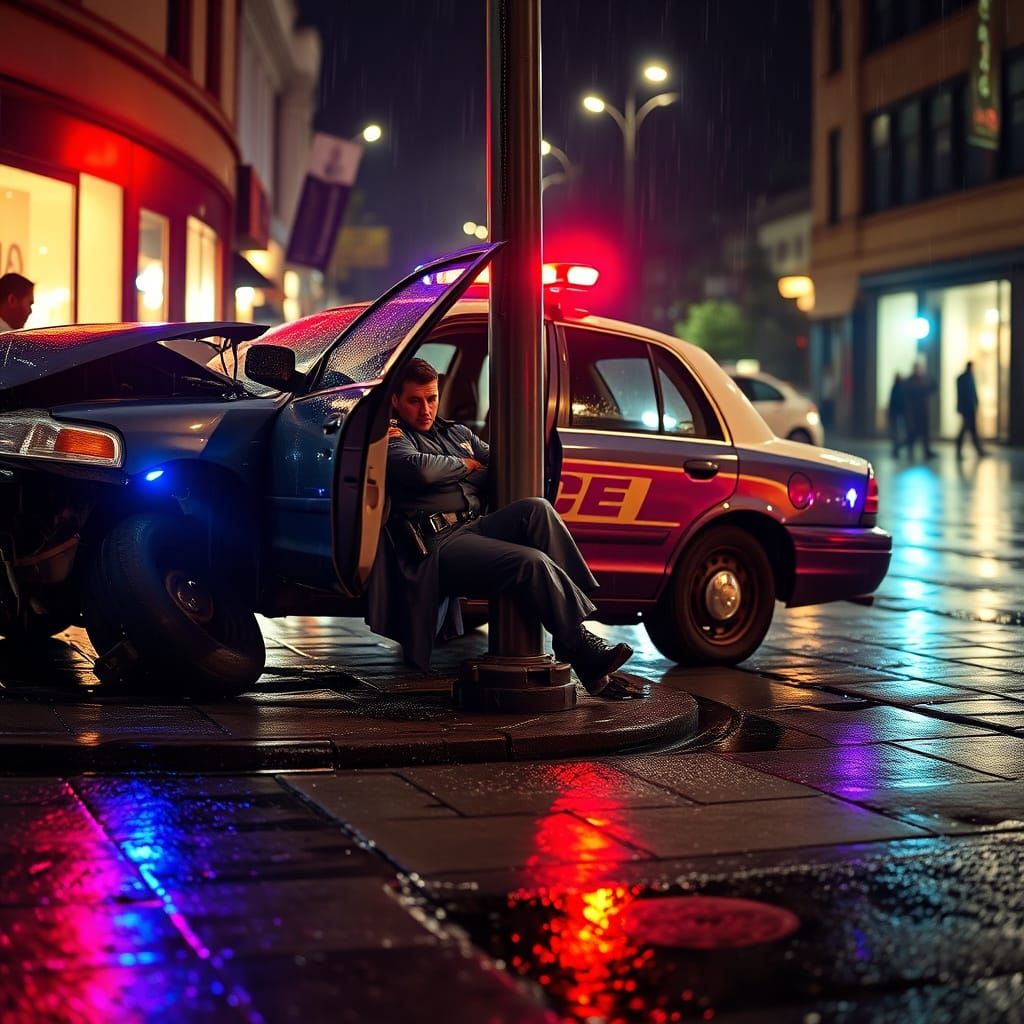 Crashed Police Car on Rainy Street at Night