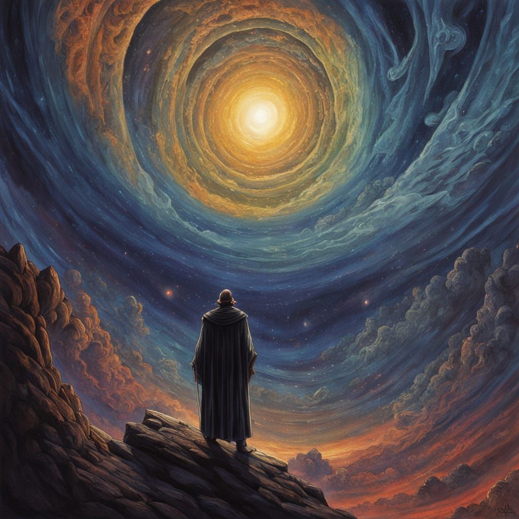 Wizard Gazing into Cosmic Vortex in Dark Fantasy Style
