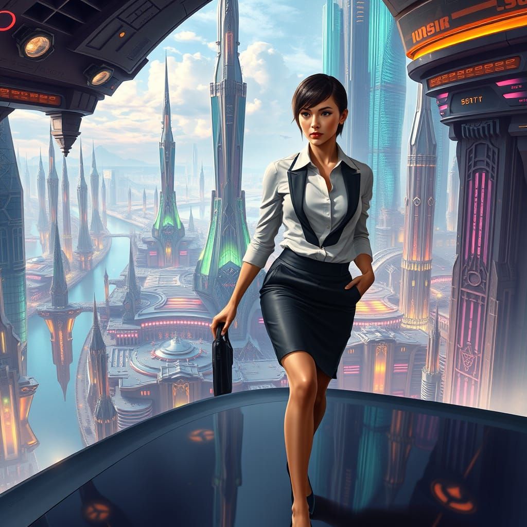 Confident Businesswoman Walks Through Futuristic Metropolis
