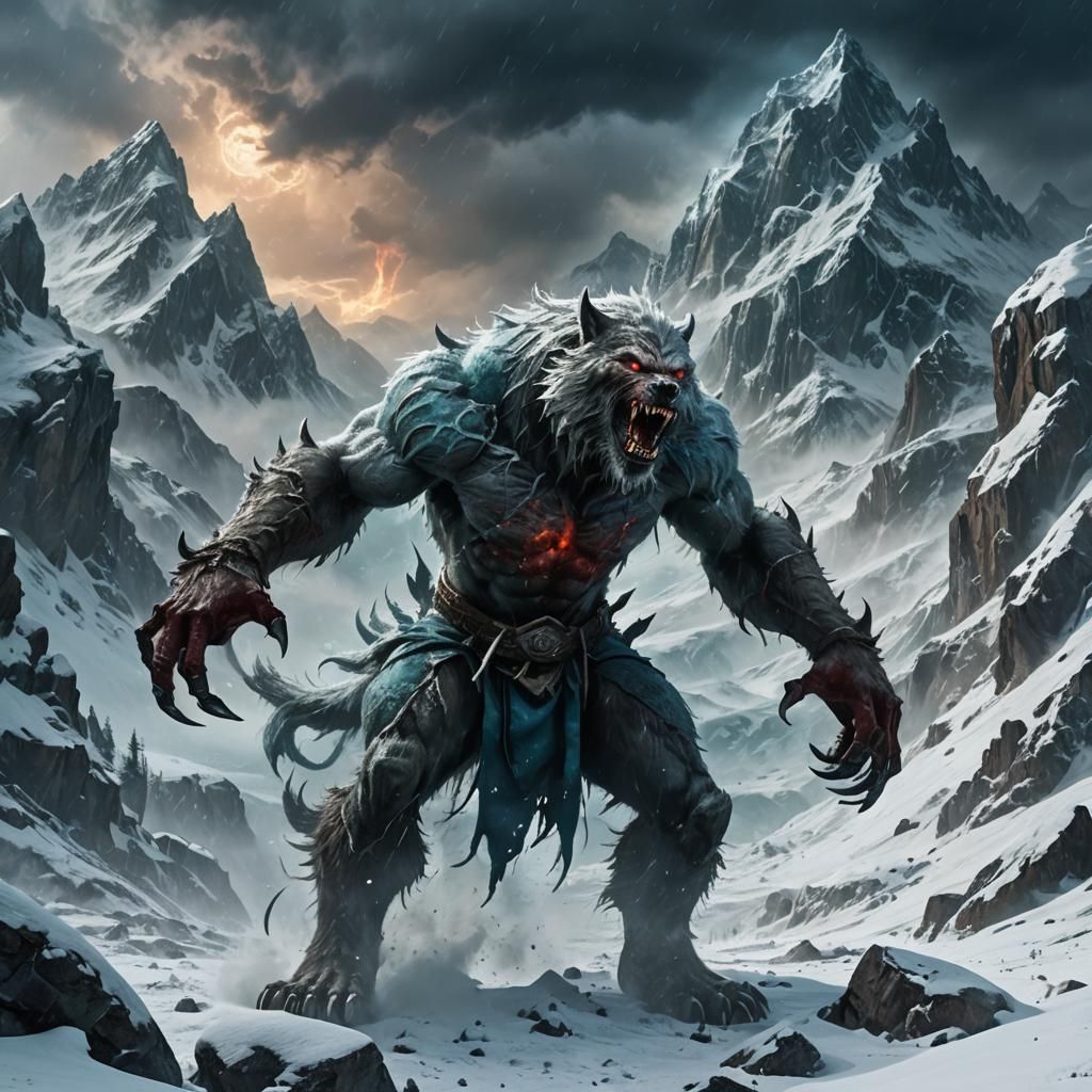 Werewolf Rages in Snowy Mountainscape: Matte Painting