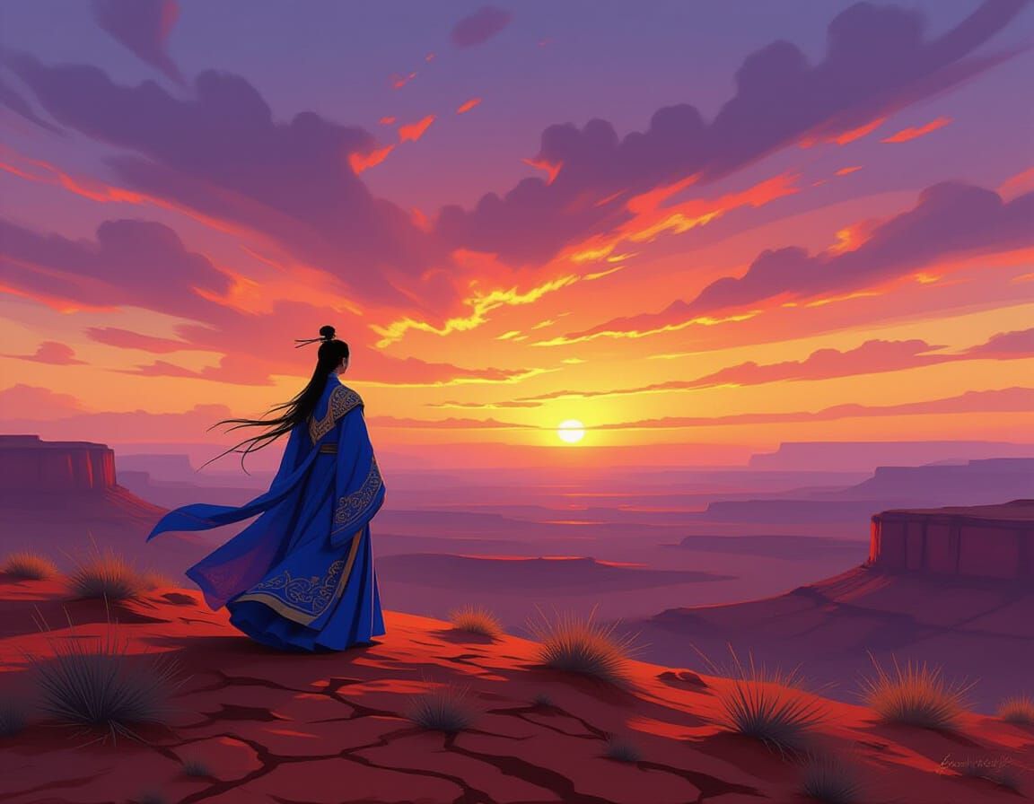 Chinese Figure in Outback Sunset, Majestic Landscape Paintin...