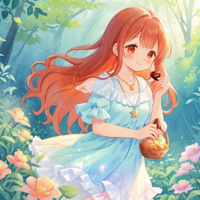 Cute Woman in Forest: Watercolor Art Povera Style