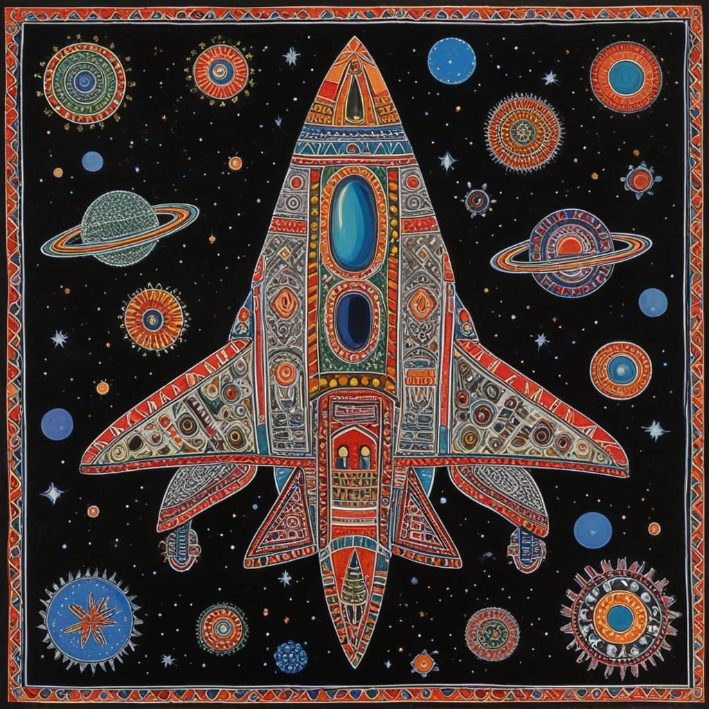 Madhubani Painting of a Surreal Galactic Spaceship
