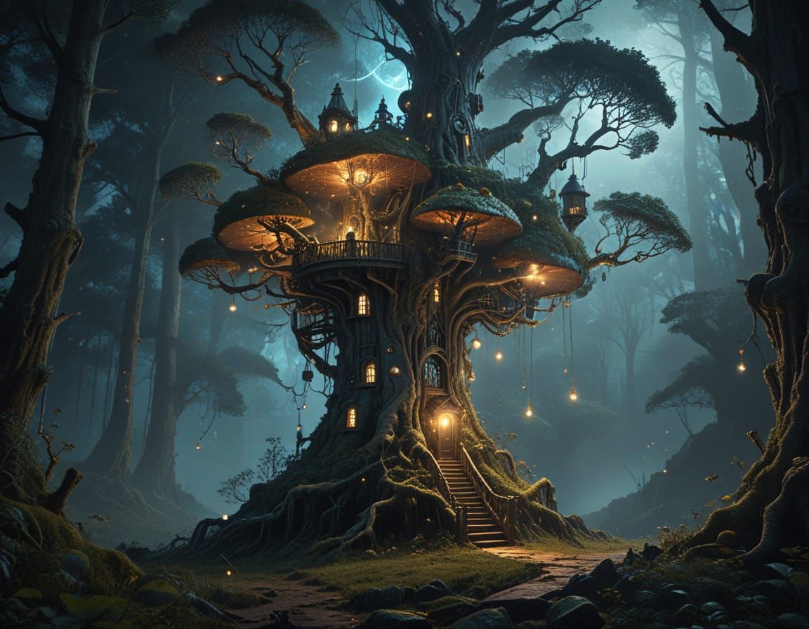 Clockwork Lighthouse in Ancient Tree, Digital Matte Painting