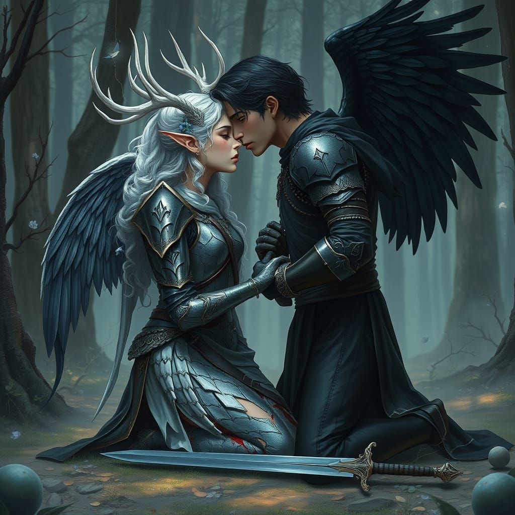 Submissive Elf Knight Comforted by Dark Guardian