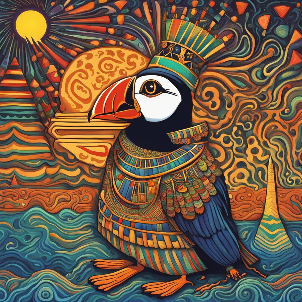 Psychedelic Puffin as Egyptian God
