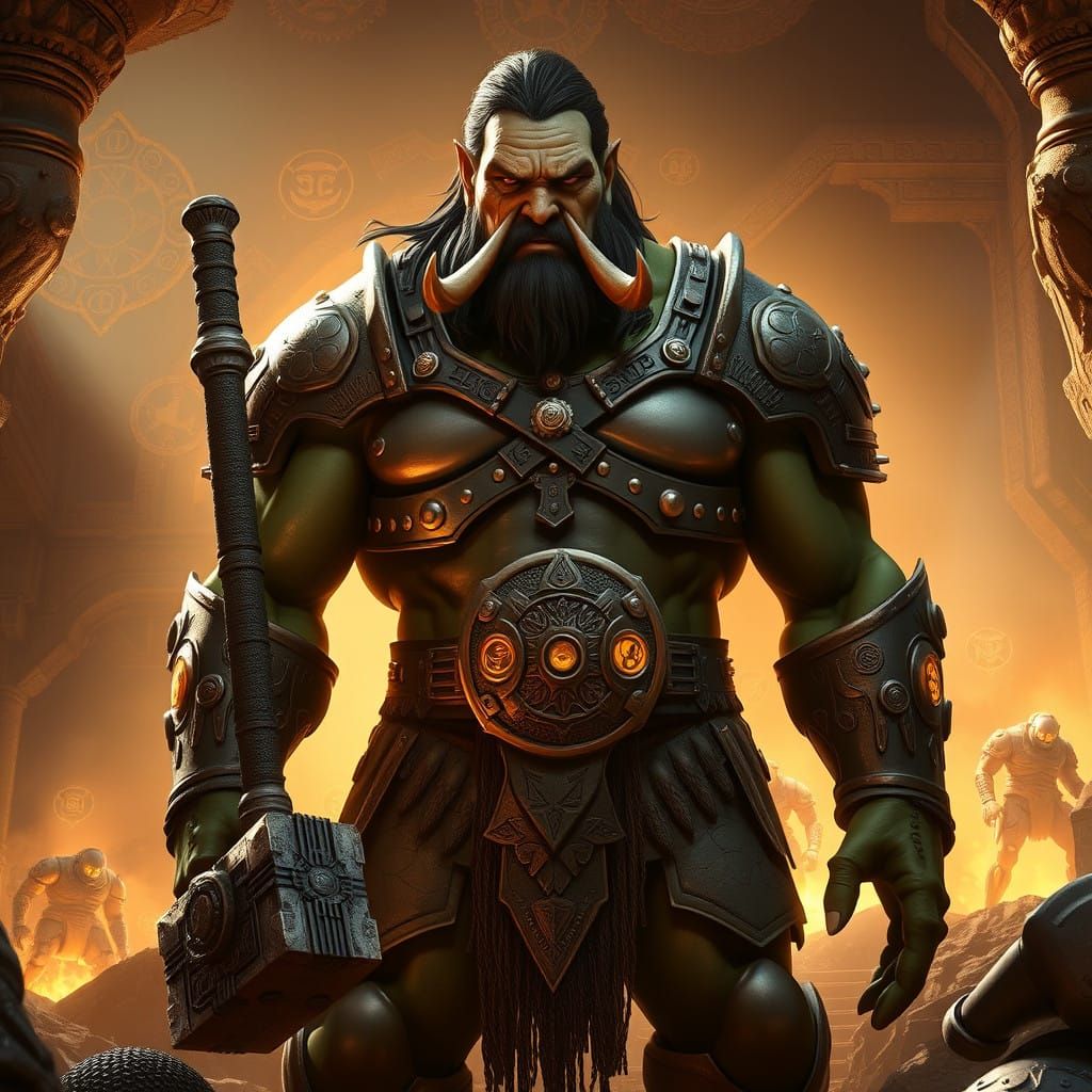 Cyberpunk-Style Hybrid Warrior in Ancient Forge