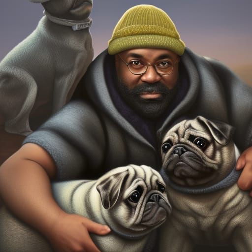 Man Petting Pugs: Detailed Matte Painting