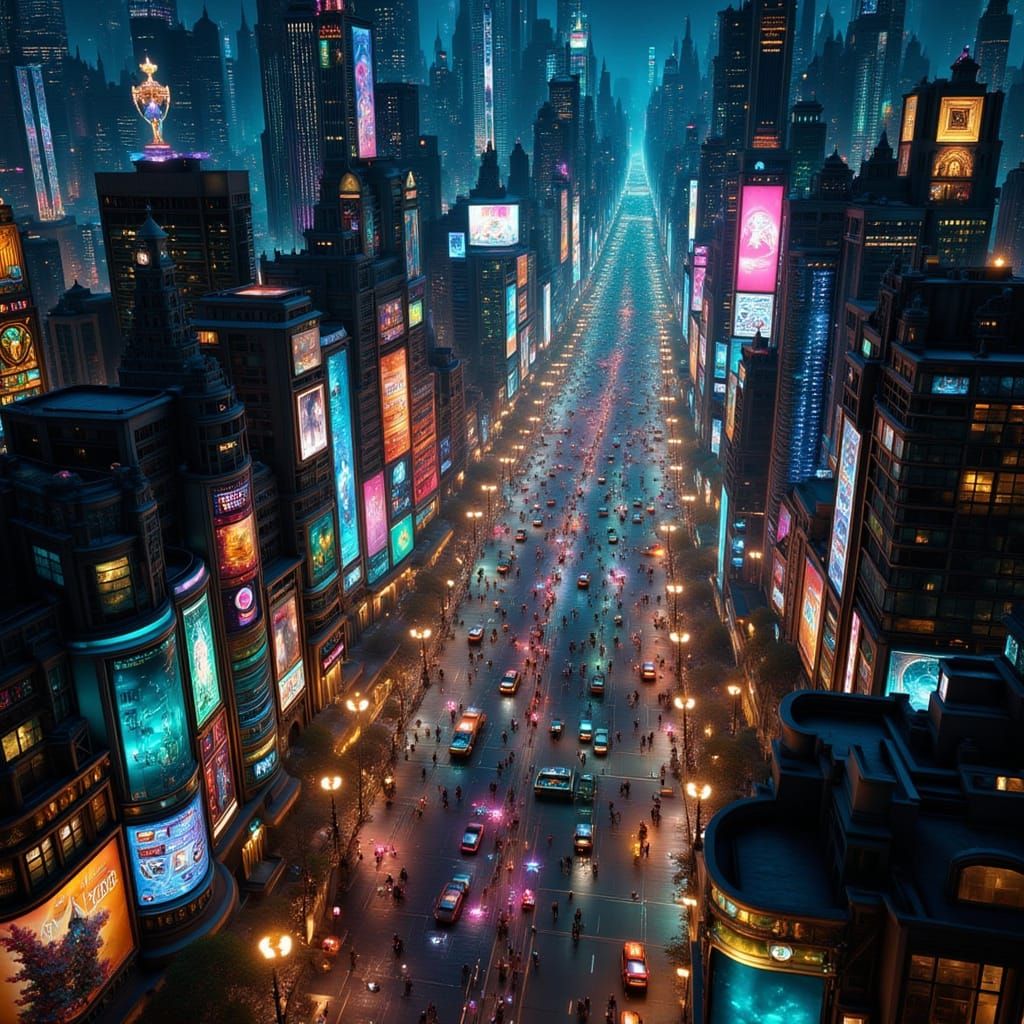 Night Cityscape Aerial View in Iridescent Fantasy Style