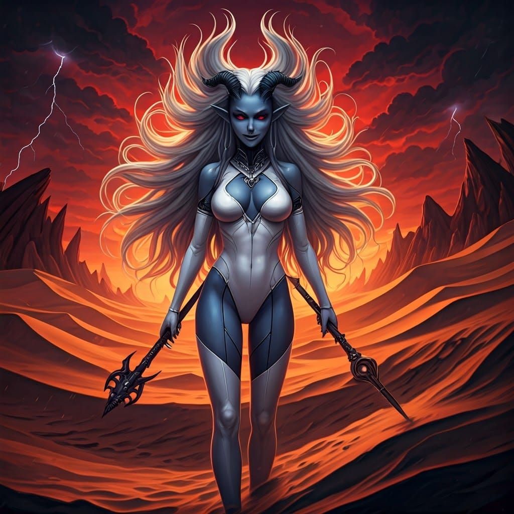Elven Demoness in Desert Landscape, Gothic Art