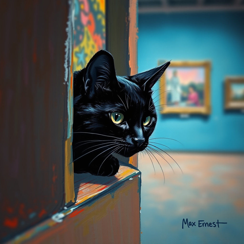Black Cat Hiding: Surrealist Oil Painting