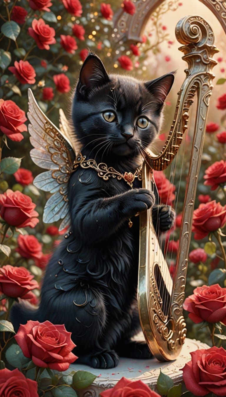 Black Angel Kitten Harpist in Watercolor Style