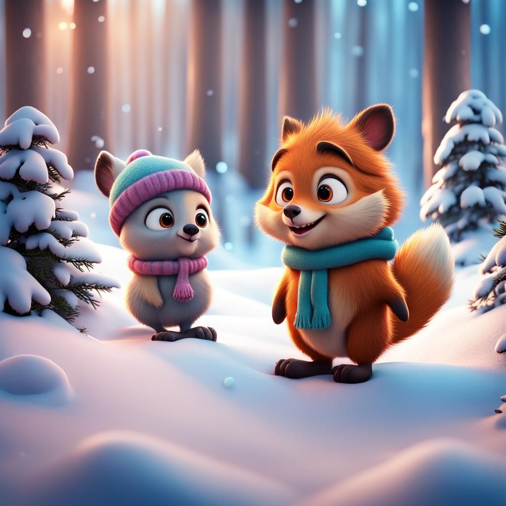 Cute Woodland Animals in Winter Snow, 3D Digital Art