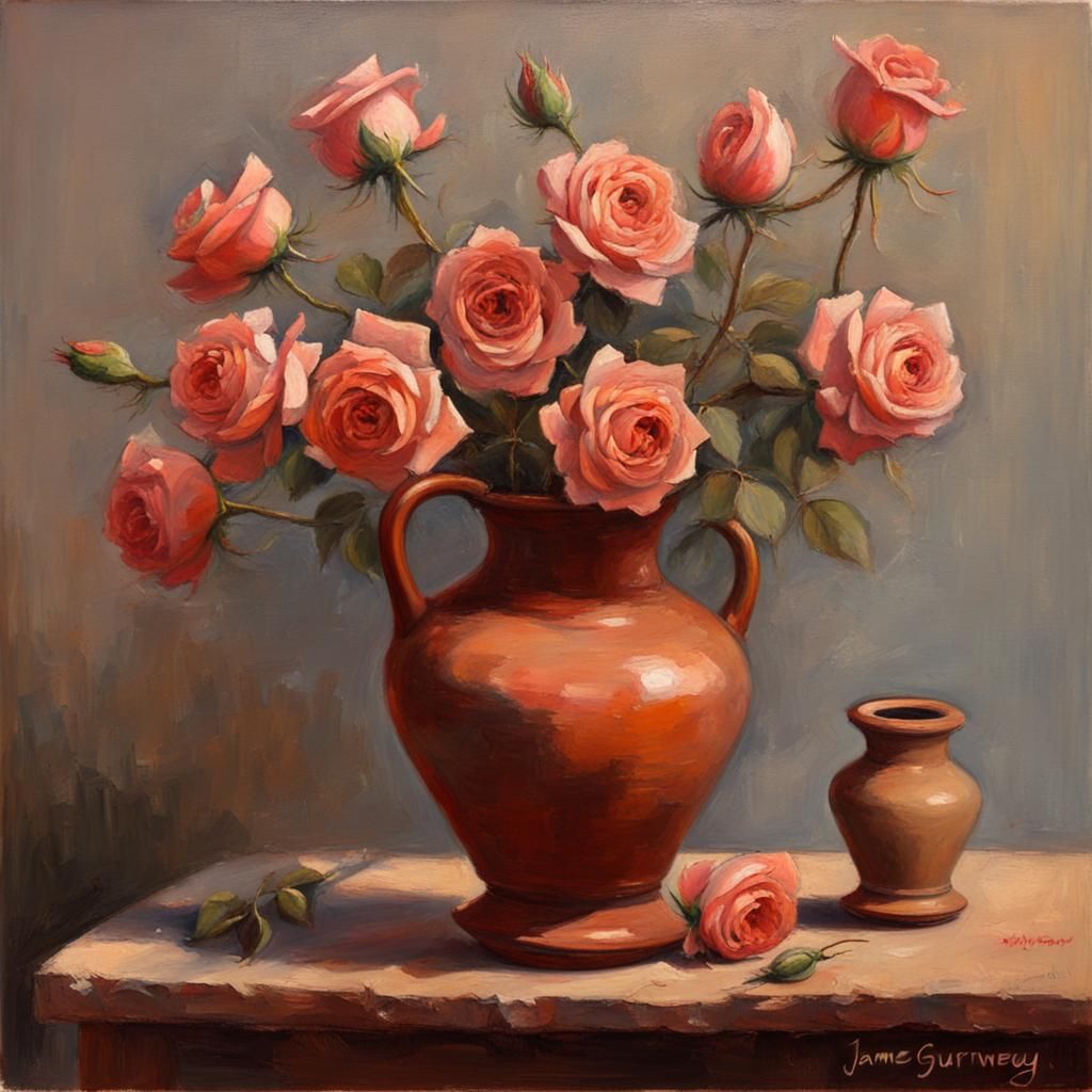Clay Pottery with Roses in Oil Painting Style