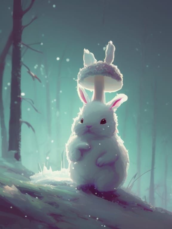 Fluffy Bunny on Glowing Mushroom in Winter