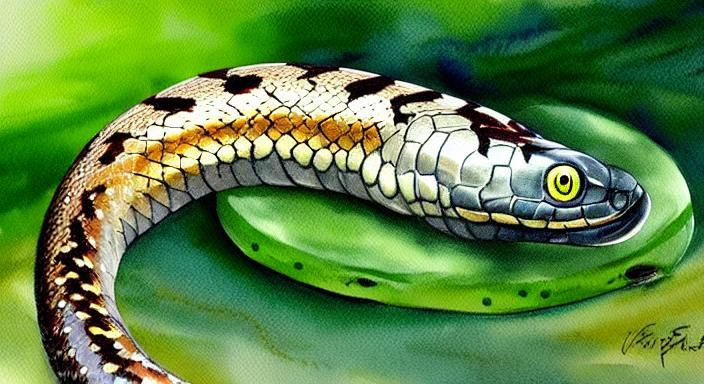 Coachwhip Snake and Cactus in Watercolor Painting