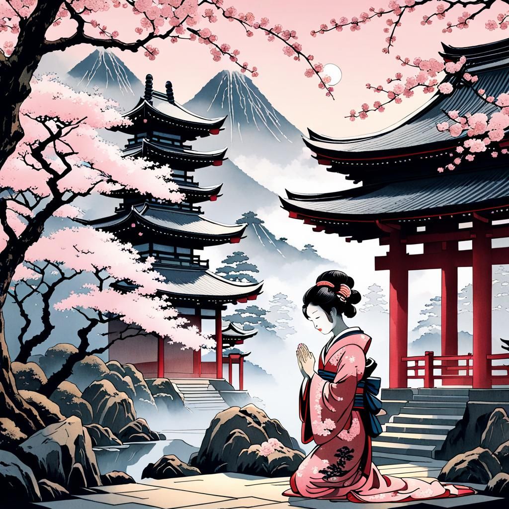 Geisha in Japanese Temple: Ukiyo-e Woodcut Art