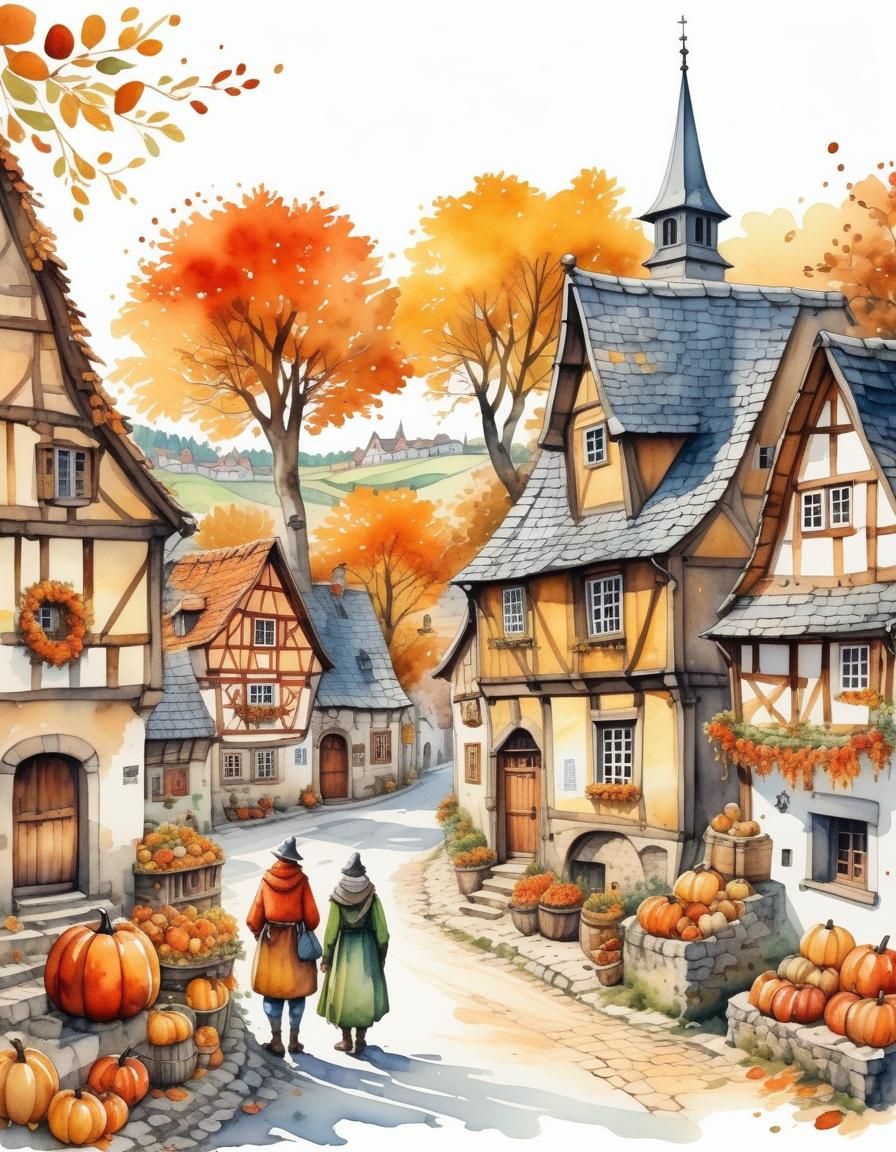 Charming Medieval Village in Autumn Watercolor
