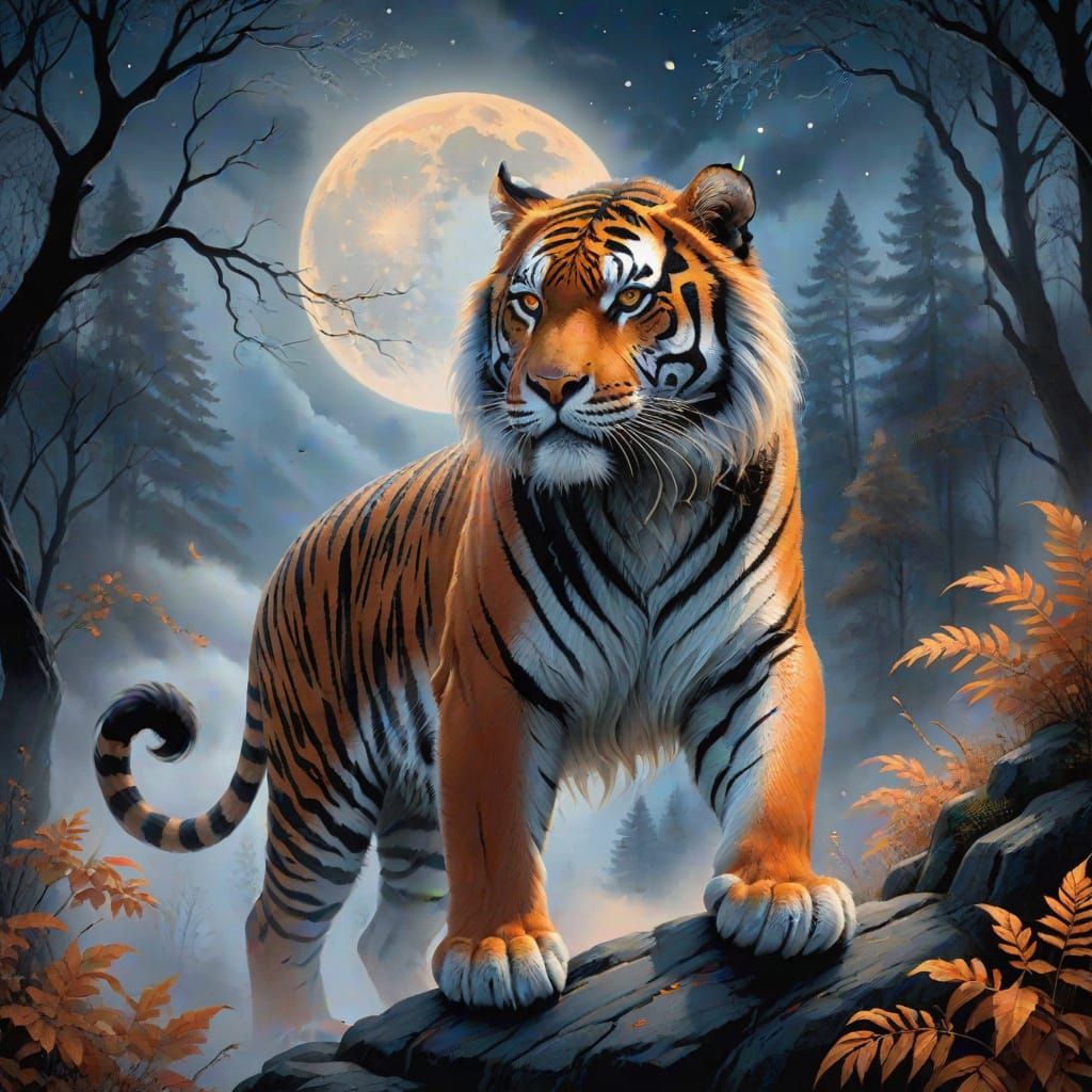 photo realistic orange black tiger with long fur wispy mist set against a forest moonlit sky ethereal fantasy hyp...