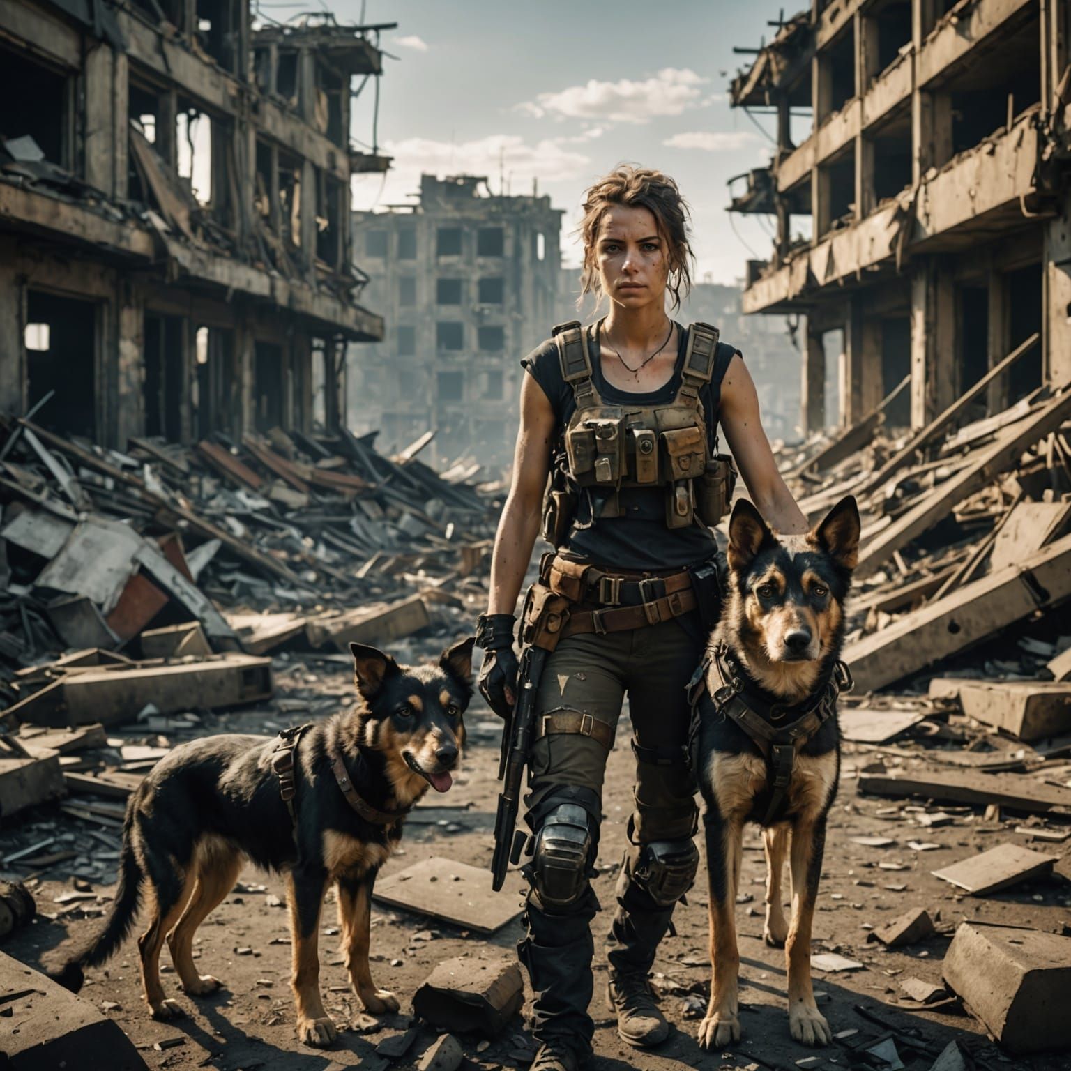 Post-Apocalyptic Scavenger and Dog in Ruined City