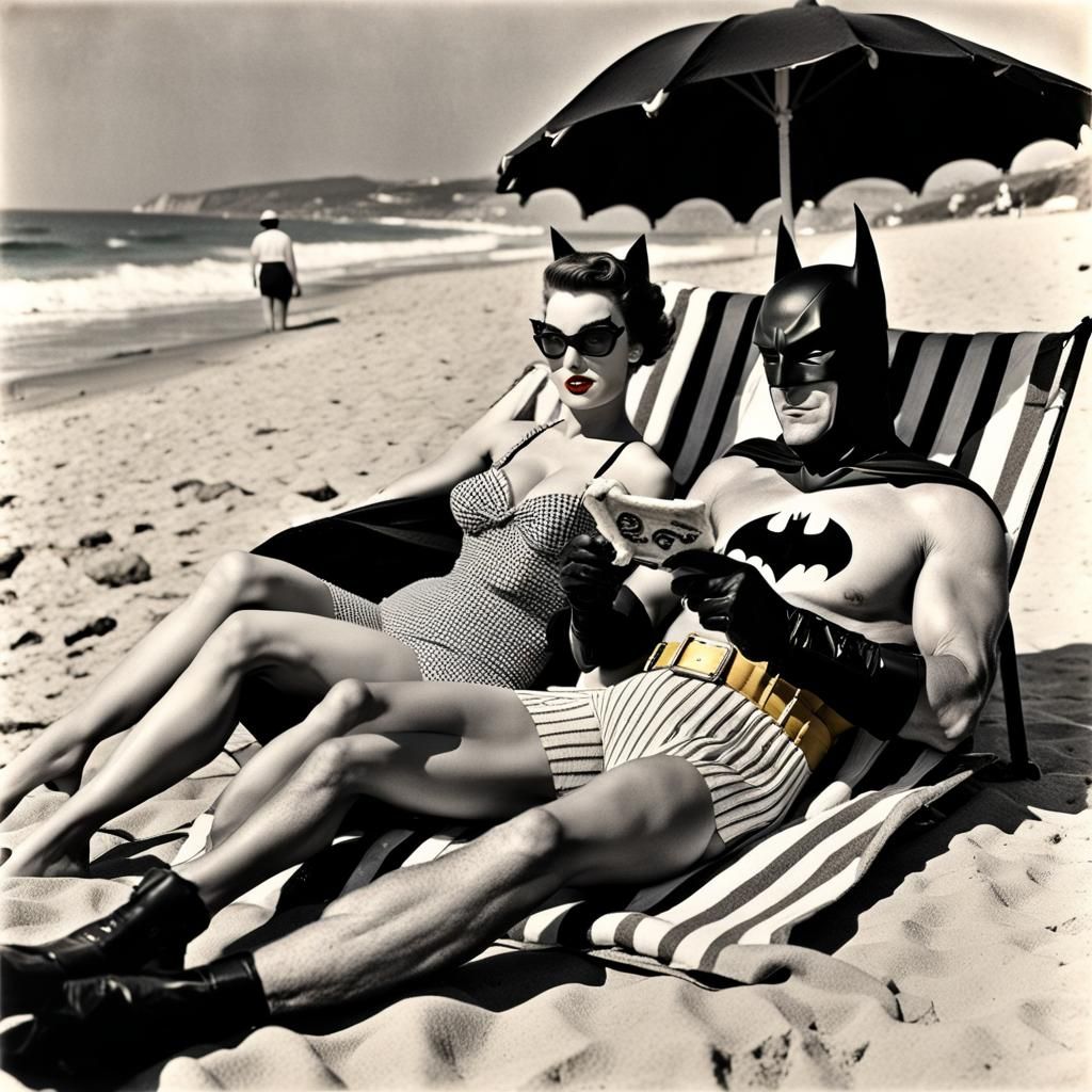 Batman and Catwoman Relaxing on the Beach