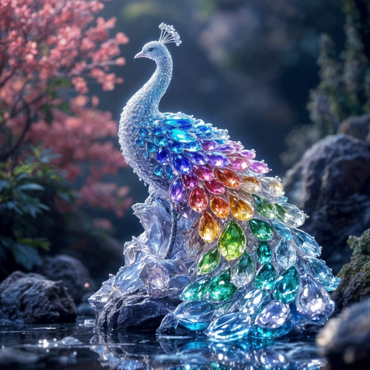 Surreal Jewel-Toned Peacock Statue in a Fantastical Garden
