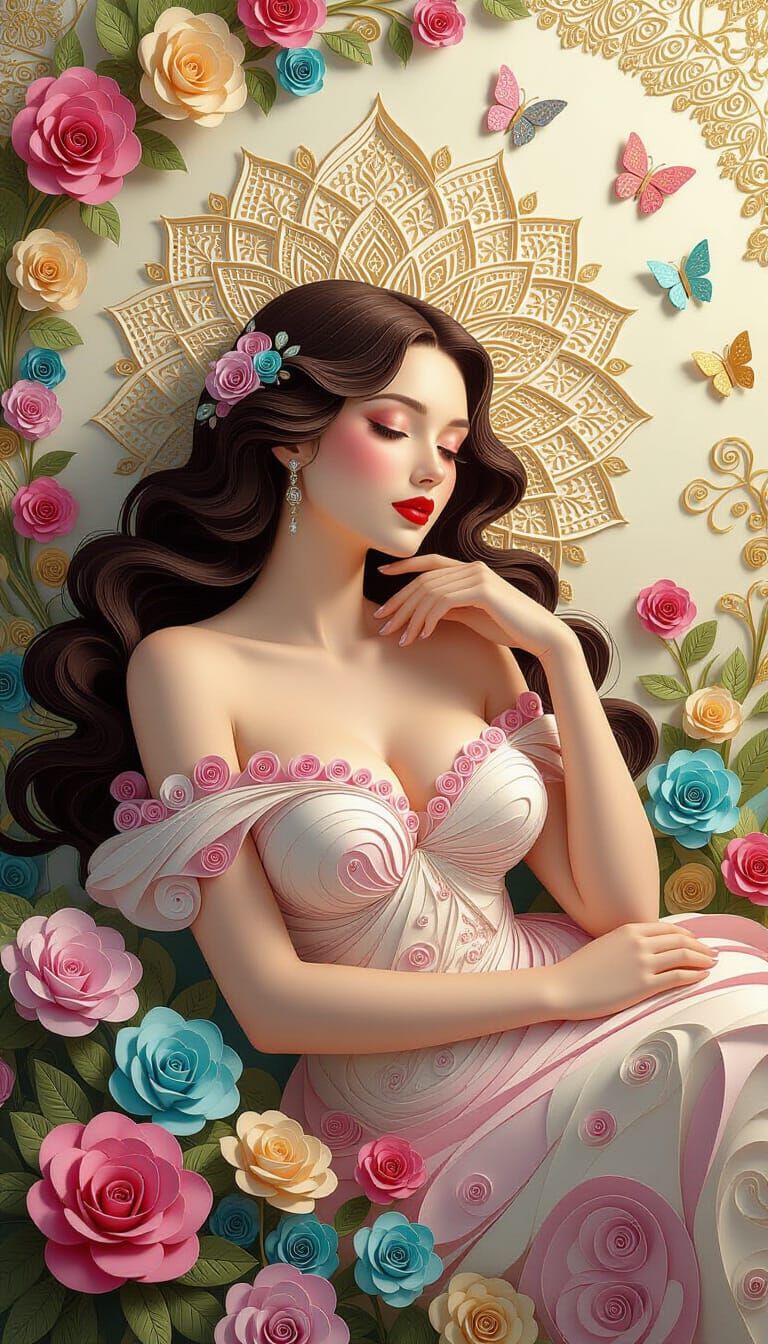 Paper Quilled Woman in Floral Garden