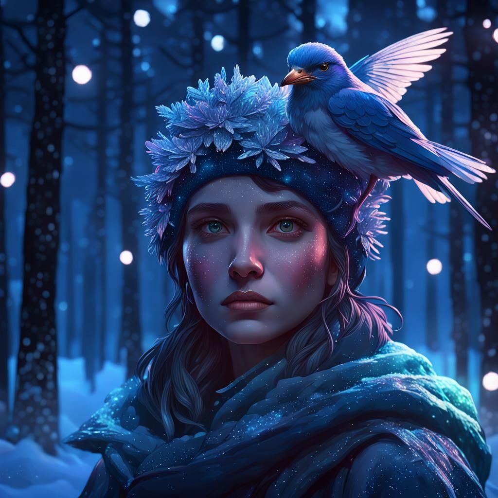 Icy Bird Portrait Before Sparkling Night Forest