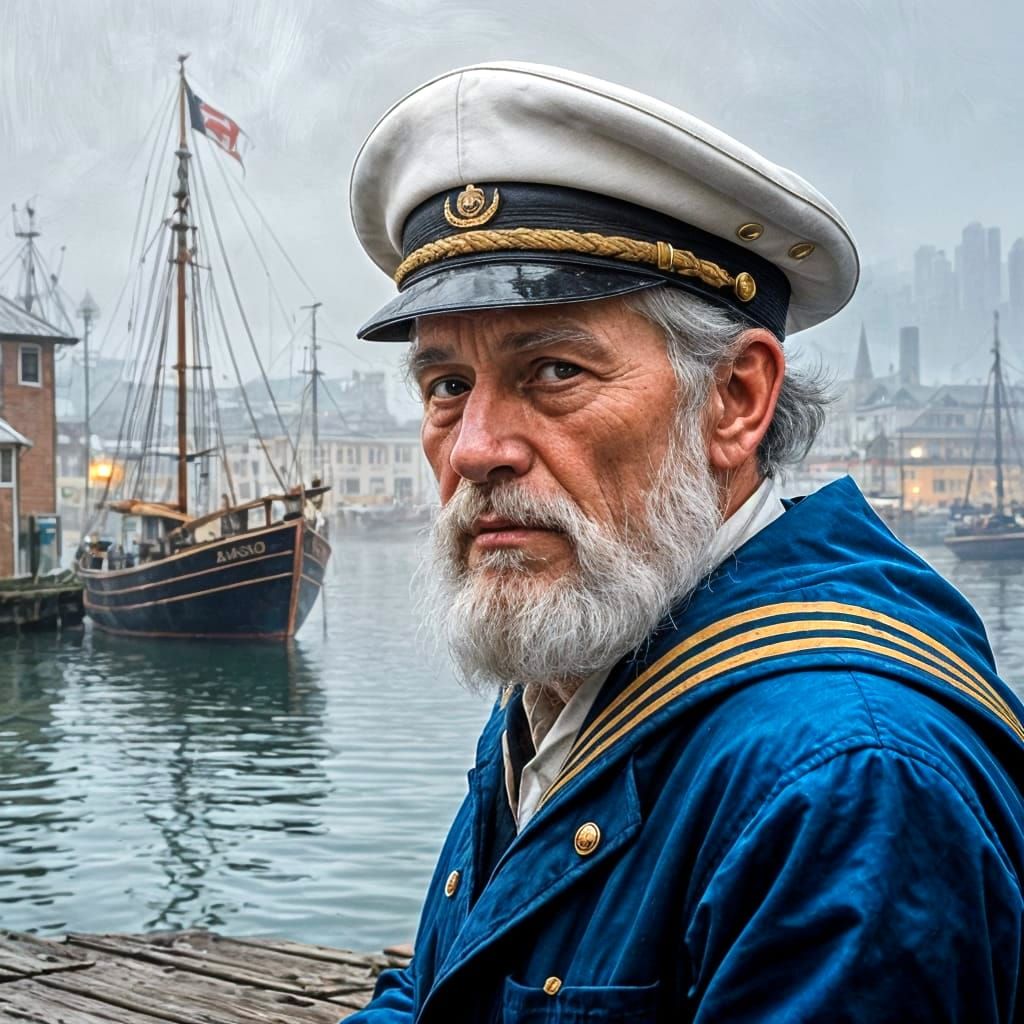 Old Sailor Portrait on Foggy Docks in Impasto Oil Style