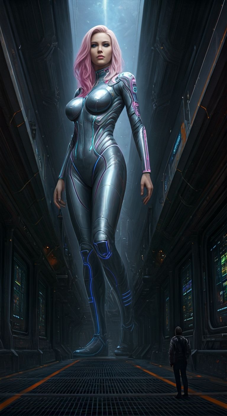 Futuristic Giantess on Space Station in Matte Painting Style