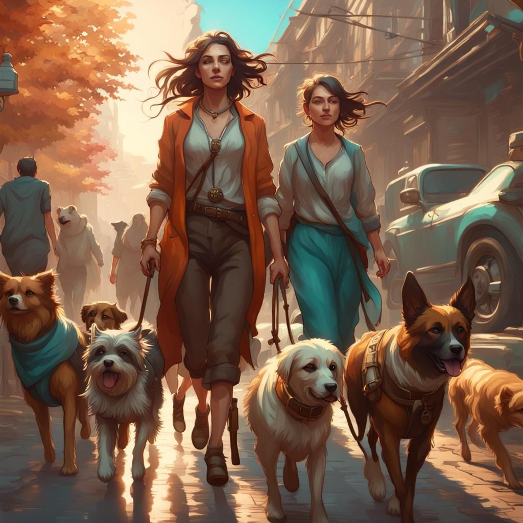 Woman Walking Dogs in Hyperdetailed Concept Art