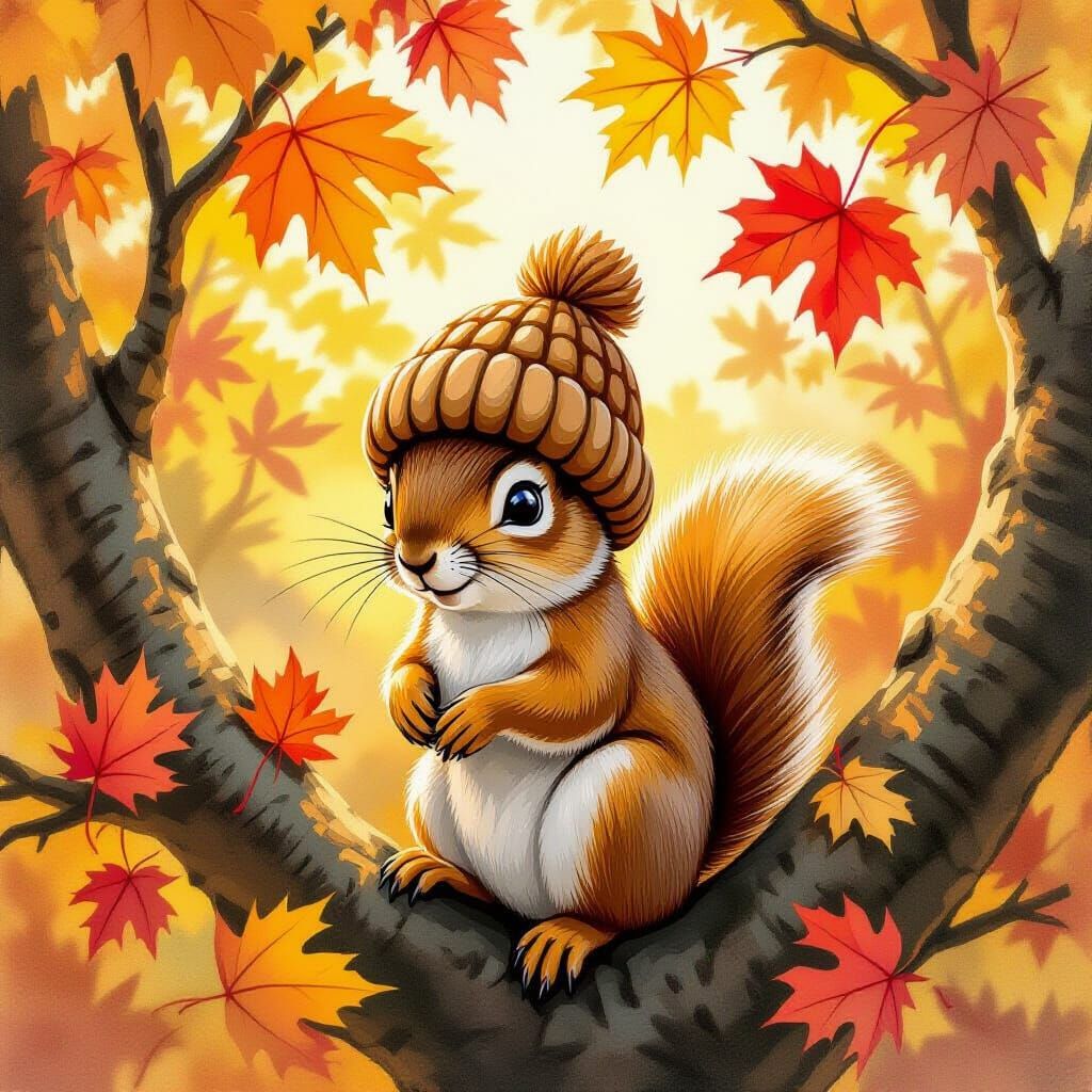 Cute Squirrel in Acorn Hat with Fall Leaves