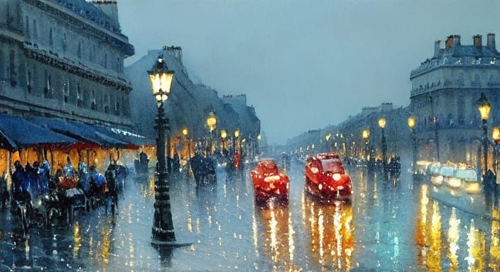 Paris Street Scene at Night in Watercolor Style