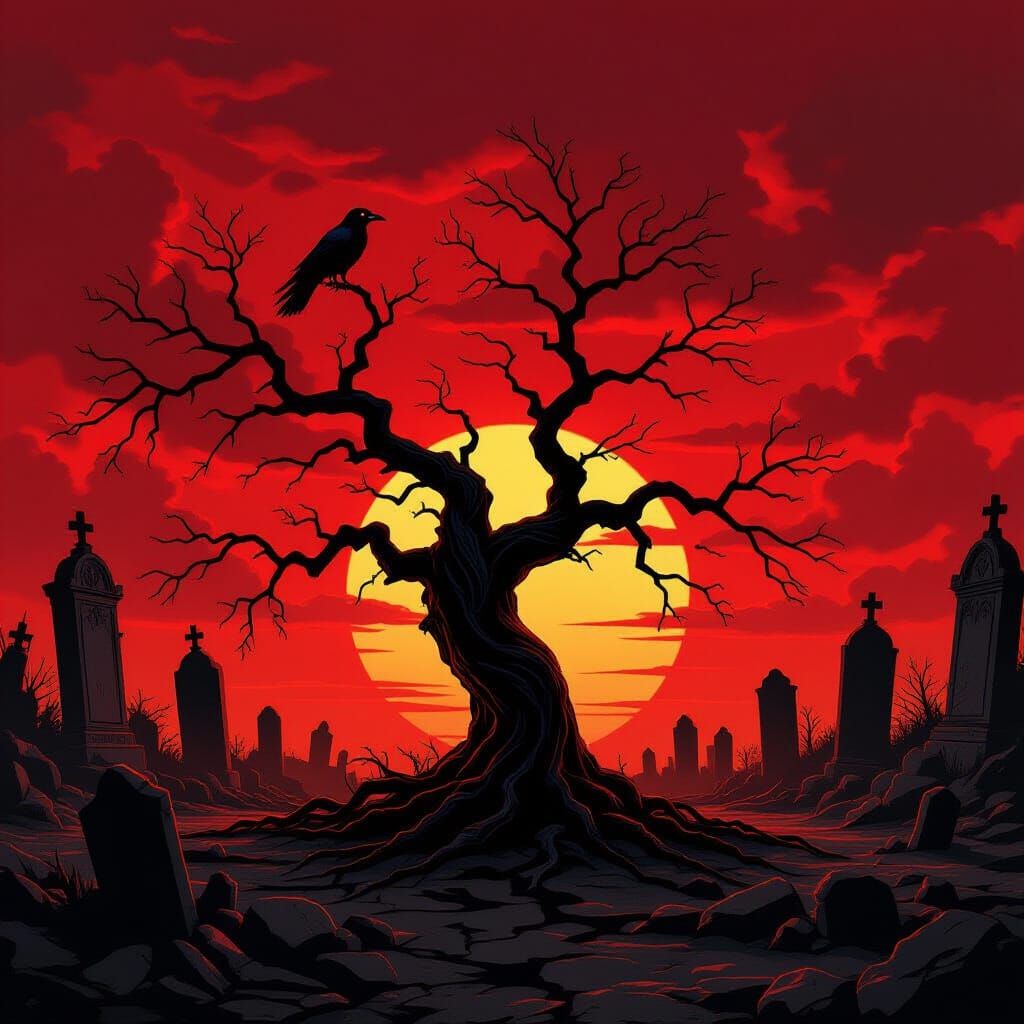 Ancient Tree Silhouette in Dark Fantasy Style