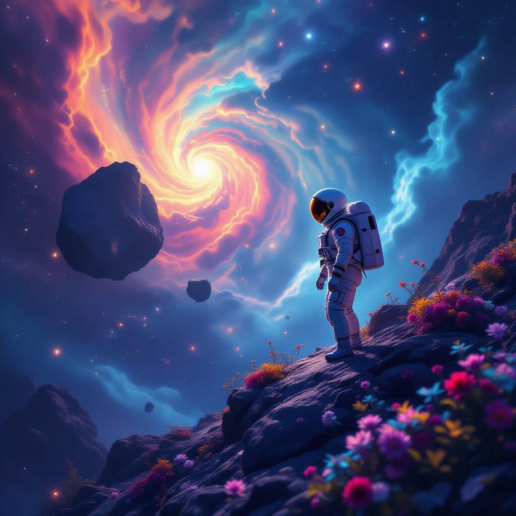 Astronaut Adrift in Cosmic Ocean with Bioluminescent Flora