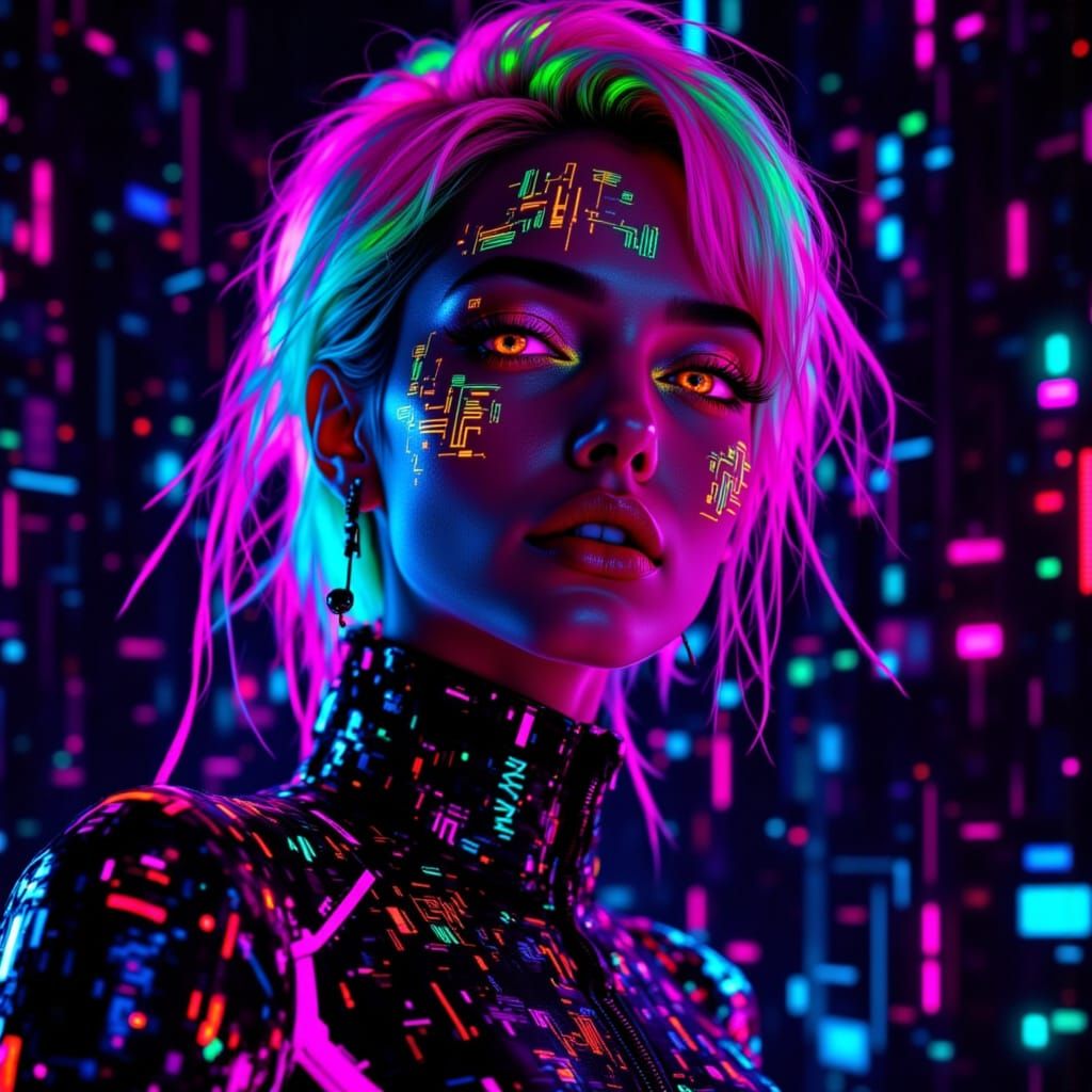 Woman in Digital Suit Floating in Cyberpunk Style