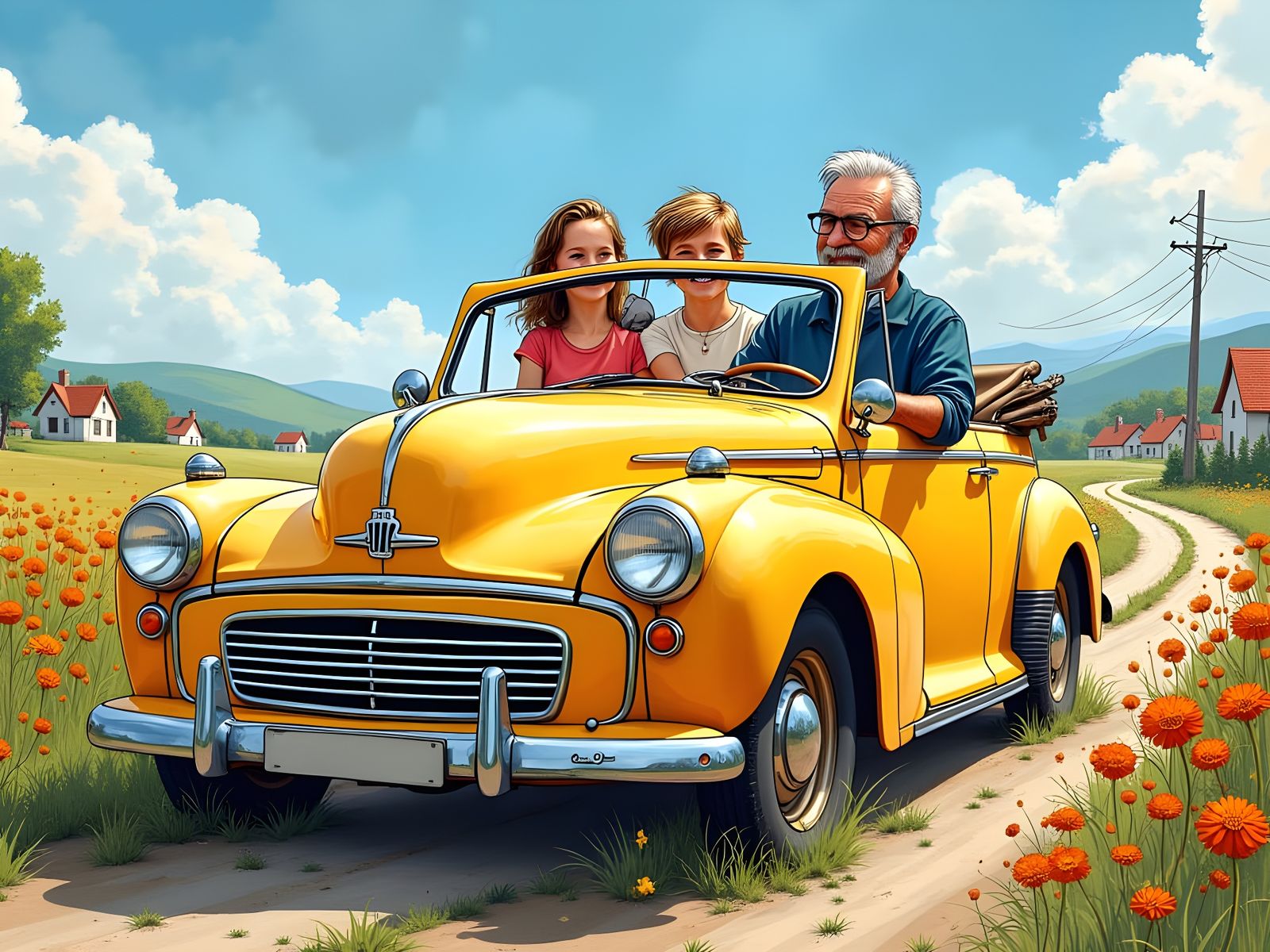 Happy Family in Dilapidated Amber Car